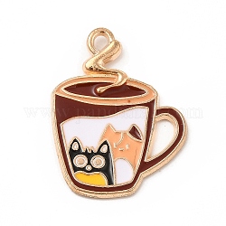 Lega dello smalto ciondolo, oro chiaro, tazza con ciondolo a forma di gatto, caffè, 25x19x2mm, Foro: 1.6 mm