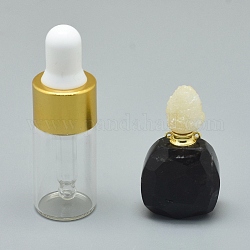 Pendentifs de bouteille de parfum ouvrants en tourmaline noire naturelle, avec des accessoires en laiton et des bouteilles d'huile essentielle en verre, 30~36x18~20x9.5~16mm, Trou: 0.8mm, capacité de la bouteille en verre : 3 ml (0.101 fl. oz), capacité de pierres précieuses: 1 ml (0.03 fl. oz)