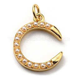 Brass Pendants, with Plastic Imitation Pearls and Jump Ring, Long-Lasting Plated, Lead Free & Cadmium Free, Double Horn/Crescent Moon Charm, Real 18K Gold Plated, 18x14x2.8mm, Hole: 3.2mm