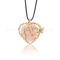 Pendenti a forma di cuore avvolti in filo metallico di quarzo rosa naturale, ciondoli a farfalla placcati in oro, 42x37mm