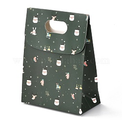 クリスマスをテーマにした模様長方形クラフト紙フリップバッグ  ハンドル付き  ギフトバッグ  ショッピングバッグ  濃い緑  14x6x16.5cm