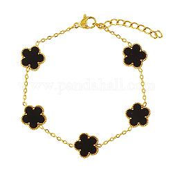 Pulsera de cadena de eslabones de flores acrílicas, pulsera de acero inoxidable chapada en oro real de 18k, negro, 6-3/4 pulgada (17 cm)