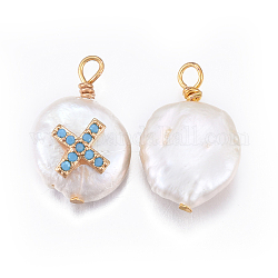 Pendentifs de perles d'eau douce de culture naturelle, avec les accessoires de zircons en laiton, pépites avec croix, or, bleu profond du ciel, 17~26x11~16x5~11mm, Trou: 1.6~2mm