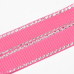 Polyester Grosgrain Ribbons for Gift Packing, Silver Wired Edge Ribbon, Hot Pink, 3/8 inch(9mm), about 100yards/roll(91.44m/roll)