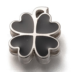 304 Stainless Steel Slide Charms, Enamel Style, Clover, Black, Stainless Steel Color, 13.5x11.5x3.5mm, Hole: 7.5x1.5mm