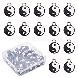 Yilisi 100Pcs Handmade Polymer Clay Charms, with Platinum Tone Iron Findings, Flat Round with Yin Yang, Black, 13~14x9~10x4.5mm, Hole: 1.8mm