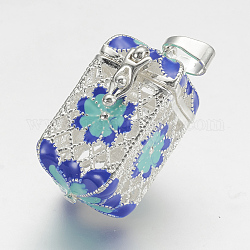 Ottone scatola preghiera pendenti, parallelepipedo con fiore, con smalto, blu, colore argento placcato, 29x18x14mm, Foro: 4x7 mm