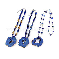 Collane con pendente in agata naturale galvanica, con 304 scoperte in acciaio inox, perle di vetro e perle di lapislazzuli naturali, pepite, blu, 15.3~15.9 pollice (39~40.5 cm), 2~10mm