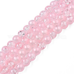 Hebras de perlas de vidrio craquelado translúcido, con polvo del brillo, redondo, rosa, 8x7.5mm, agujero: 1 mm, aproximamente 100~105 pcs / cadena, 31.50 pulgada ~ 33.07 pulgadas (80 cm ~ 84 cm)