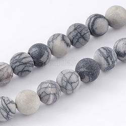 Runde bereifte natürliche schwarze Seide Stein / Netstone Perlenstränge, 8 mm, Bohrung: 1 mm, ca. 46 Stk. / Strang, 15.1 Zoll