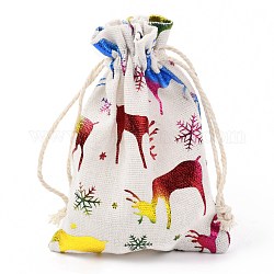Sac en tissu en coton à thème de noël, sacs à cordonnet, pour les ornements de cadeau de collation de fête de noël, Motif de cerf, 14x10 cm