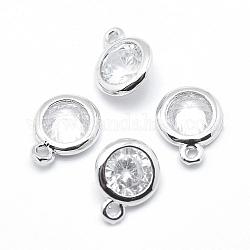 Brass Cubic Zirconia Pendants, Flat Round Charms, Lead Free & Cadmium Free, Real Platinum Plated, 8.5x6.5x3mm, Hole: 1mm