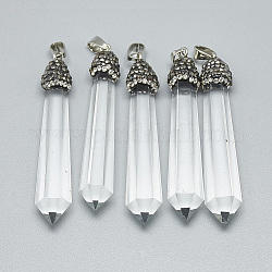 Gros pendentifs en cristal de quartz naturel, avec strass et les accessoires en laiton, platine, jet, 58~62x9~10x10~11mm, Trou: 7x4mm