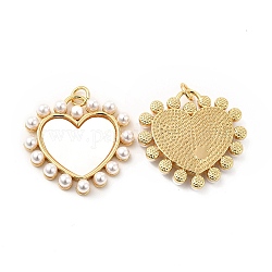 Pendentifs en coquille, breloques de coeur, avec des accessoires en abs imitation perle et laiton, or, 24x25x4.5mm, Trou: 3mm