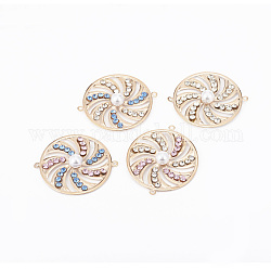 Rack Plating Iron Links connectors, with Plastic Beads and Cubic Zirconia, Flat Round, Light Gold, Mixed Color, 40x47x8mm, Hole: 1.6mm
