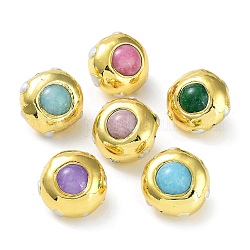Perles rondes en jade teint naturel, avec accessoires en laiton plaqué or et perle naturelle, Plaqué longue durée, couleur mixte, 25~27x25x20~21mm, Trou: 1mm