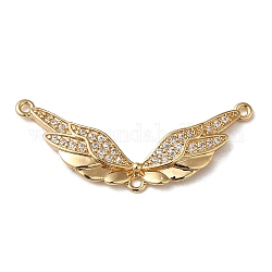Brass Micro Pave Cubic Zirconia Pendants, Wing Charm, Golden, 13x31.5x2mm, Hole: 1mm