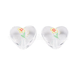Perles acryliques d'impression transparentes, coeur avec fleur, jaune, 13.5x15x6.5mm, Trou: 1.8mm