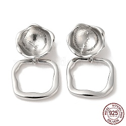 Accessoires pour boucles d'oreilles en argent sterling rhodié 925, boucle d'oreille pendante carrée irrégulière, avec tampon s925, pour la moitié de perles percées, Platine plaqué réel, 20x13x5mm, pin: 0.7 mm