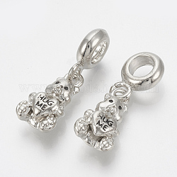 Alloy Doll European Dangle Charms, Large Hole Pendants, Bear with word Hug Me Charms, Platinum, 26mm, Hole: 5mm