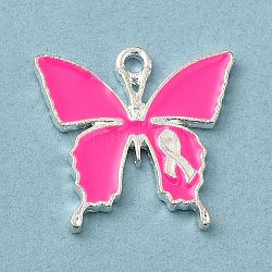 Emaille-Anhänger mit rosafarbenem Brustkrebs-Bewusstseinsband, Silber, Schmetterling, 19x19.5x1.6 mm, Bohrung: 1.5 mm