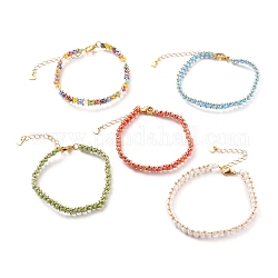 Glass Seed Beaded Bracelets, with Brass Chain Extender, 304 Stainless Steel Heart Charms and Lobster Claw Clasps, Golden, Mixed Color, 7-5/8 inch(19.5cm)