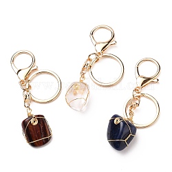 Porte-clés de pierres précieuses naturelles enveloppées de fil, avec fermoirs pivotants en alliage plaqué or et porte-clés fendus en fer, pépites, couleur mixte, 90~93.5mm