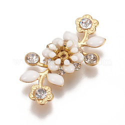 Messing Perle Kappen & Kegel Perlen, mit Emaille und Strass, Blume, golden, weiß, 31.5x18.5x6 mm, Bohrung: 1 mm, Innendurchmesser: 3.5 mm