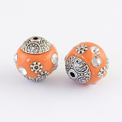 Round Handmade Indonesia Beads, with Rhinestones and Alloy Cores, Antique Silver, Orange, 14~15x14mm, Hole: 1.5mm