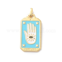 Rack Plating Brass Pendants, with Enamel, Long-Lasting Plated, Real 18K Gold Plated, Cadmium Free & Lead Free, Rectangle with Palm, Deep Sky Blue, 26x14x1.5mm, Hole: 2.2x1.5mm