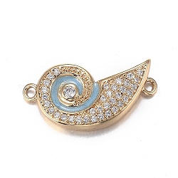 Brass Micro Clear Cubic Zirconia Links, with Enamel, Long-Lasting Plated, Spiral Shell, Light Sky Blue, Real 18K Gold Plated, 22.6x12x3.5mm, Hole: 1.5mm
