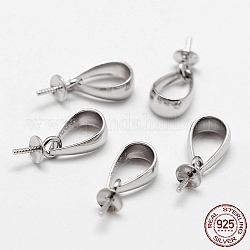 Rhodium Plated 925 Sterling Silver Cup Pearl Bail Pin Pendants, for Half Drilled Beads, Platinum, 6x3mm, Hole: 3.5x5mm, Pin: 0.7mm