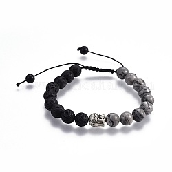Natural Lava Rock Braided Bead Bracelets, with Picasso Stone Beads, Natural Black Agate(Dyed) Beads, Alloy Finding, Buddha Head, 2-1/8 inch~3-1/8 inch(5.3~8cm)