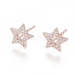 Brass Stud Earring Findings, with Cubic Zirconia and Loop, Star, Clear, Rose Gold, 10.5x10mm, Hole: 1.2mm, Pin: 0.8mm