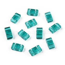 2-Hole Glass Seed Beads, Transparent Colours, Rectangle, Teal, 4.5~5.5x2x2~2.5mm, Hole: 0.5~0.8mm