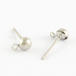 Accessoires de clous d'oreilles avec boule en 304 acier inoxydable, avec boucle pour breloques pendantes, couleur inoxydable, 6x4x3mm, Trou: 1mm, pin: 0.5 mm
