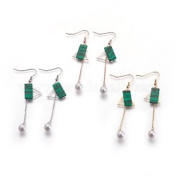 (vente d'usine de fêtes de bijoux) 304 boucles d'oreilles pendantes en acier inoxydable, avec malachite synthétique et perles en plastique, couleur mixte, 77mm, pin: 0.7 mm