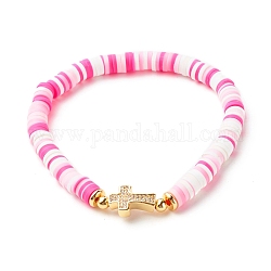 Polymer Clay Heishi Beads Stretch Bracelet for Women, Cross Cubic Zirconia Link Bracelet, Golden, Pink, Inner Diameter: 2-1/4 inch(5.6cm)