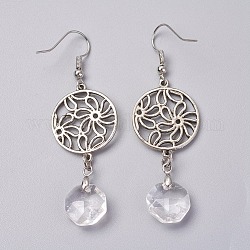 Natural Quartz Crystal Dangle Earrings, with Brass Pins and Alloy Pendants, Flat Round with Flower, 62mm, Pendant: 45x20mm, Pin: 0.6mm