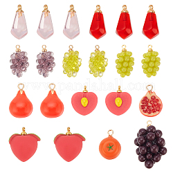 Nbeads 21Pcs 11 Styles Resin Imitation Fruit Pendants, Fruit Charms, with Golden Plated Brass Pendant Bails, Pomegranate & Grape & Peach, Mixed Shapes, Mixed Color, 12~26x8~17x6.5~16mm, Hole: 1.4~1.8mm