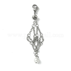 304 chaines câble inox pochette macramé porte pierre vide décoration pendentif, avec perle de nacre ronde, couleur inoxydable, 75mm