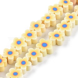Brins de perles en pâte polymère imprimées à la main, fleur, jaune, 9.6x4mm, Trou: 1.4mm, Environ 38 pcs/chapelet, 12.99'' (33 cm)