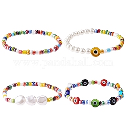 4 Stück 4 Stil Shell Pearl & Glass Seed Beads Stretch-Armbänder mit bösem Blick für Frauen, Mischfarbe, Innendurchmesser: 2 Zoll (5.2 cm), 1pc / style