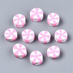 Perles en pâte polymère manuel, plat rond, perle rose, 9~10x4mm, Trou: 1.6mm