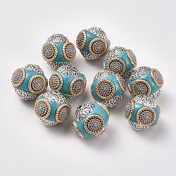 Handmade Indonesia Beads, with Alloy Cores, Round, Antique Silver & Light Gold, Turquoise, 14~16x14~16mm, Hole: 1.5mm