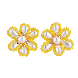 Clip-On-Ohrring aus Messing, mit abs plastikimitation perlen cabochons, Blume, golden, 34x19 mm