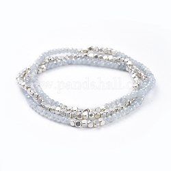 Set di braccialetti elastici perline di vetro galvanizzato, 3strand / set, con perle di ottone cubo, colore argento placcato, fumo bianco, 2-1/8 pollice (5.5 cm)
