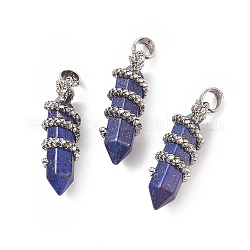 Pendentifs pointus à double borne en lapis-lazuli naturel, breloques balle à facettes avec dragon en alliage argenté antique enveloppé, 47x14.5x15mm, Trou: 7.5x6.5mm