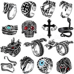 15Pcs 15 Style Evil Eye & Dragon & Cross & Leather & Skull & Snake & Claw Alloy Open Cuff Rings, Gothic Chunky Rrings with Rhinestone for Men Women, Antique Silver, US Size 8(18.1mm), 1Pc/style