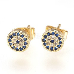 Brass Ear Studs, with Cubic Zirconia, Lead Free & Cadmium Free & Nickel Free, Flat Round, Colorful, Golden, 6x2mm, Pin: 0.8mm